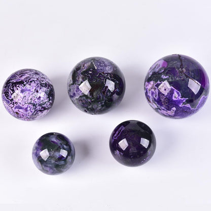 JIC Gem Purple Moss Agate Crystal Sphere Large Purple Crystal Ball with Stand Healing Ornament Witchcraft Meditation Decor 2.3-2.7 inch(60-70mm)