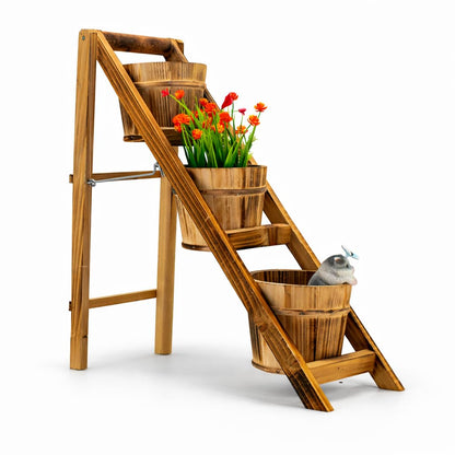 HORTICAN Rustic Foldable 3-Tier Wooden Planter - Space-Saving Vertical Plant Stand for Indoor/Outdoor (Patio, Balcony, Living Room)