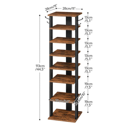 HOOBRO 8 Tiers Vertical Shoe Rack, Wooden Shoe Storage Organizer with Hooks, Narrow Shoe Tower for 8 Pairs, Space Saving, for Entryway, Living Room, Bedroom, Rustic Brown BF07XJ01G1