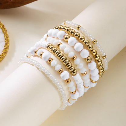 LOTSOF Boho Multilayer Beaded Bracelets Set for Women - Vintage Gold & Brown Stackable Stretch Bracelets, Bohemian Handmade Jewelry for Daily Style & Gifting (White)