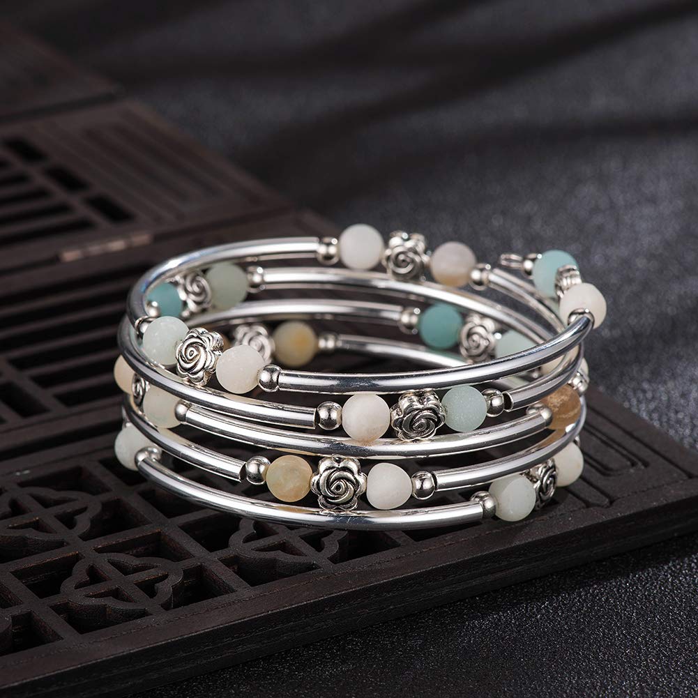 BULINLIN Wrap Bangle Rose Bead Bracelet - Beaded Bracelet with Natural Agate Stone Gifts For Women(01-Amazon Green)
