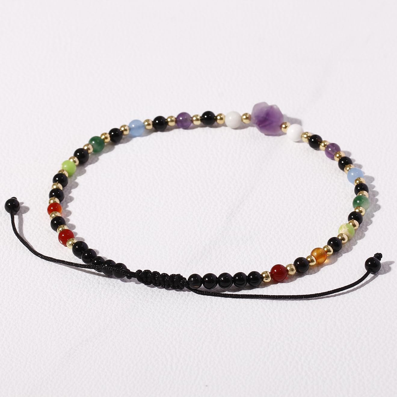 Xfoxstal 7 Chakra Beaded Anklet Summer Beach Black Agate Amethyst Raw Stone Ankle Bracelets for Women Spiritual Crystals Energy Yoga Meditation Gifts