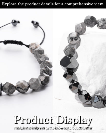 Beaded Bracelet for Men, 10mm Natural Stones Bracelet for Men's Gift, Adjustable Precision-Cut Gemstone Crystal Healing Bracelet, Protection Jewelry Gift with Hematite, Tiger Eye (Map Stone & Hematite)