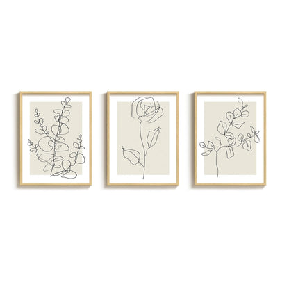 Framed Floral Art Bedroom Wall Art, 3 Piece Neutral Botanical Line Artwork for Walls, Minimalist Flower Leaf Picture Prints, Beige Botanical Painting for Living Room Kitchen Hallway Office, 12x16 Inch