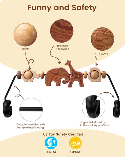 TinlyFinly Baby Bouncer Toy Bar Wooden Compatible with Baby Bjorn, Bouncer Toy Attachment Tight and Secure Fit, So Fun to Watch, Touch and Spin for Babies All Ages - Animals