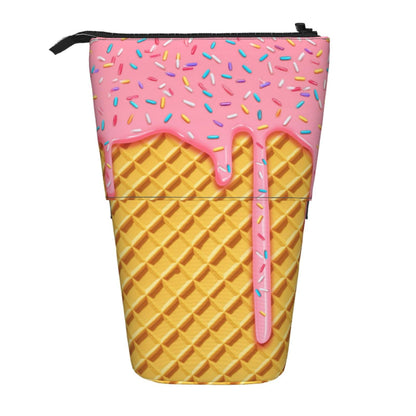 Tezmd Ice Cream Kids Standing Pencil Case Girls Boys Telescopic Stationary Pouch with Zipper Large Capacity Stand up Pen Bag Portable Makeup Holder for Children School Students Office Supplies