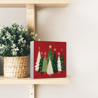 Yetmadi Christmas Trees Wooden Box Sign Plaque Decor, Rustic Christmas Artwork, Christmas Decorations for Home Shelf Mantel Fireplace Table Party Decor