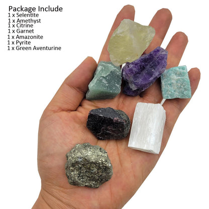 7Pcs Energy Crystals for Money and Success Manifestation Raw Crystals Set of Selenite,Green Aventurine,Citrine,Amazonite,Garnet,Pyrite,Amethyst (Crystals for Success and Money)