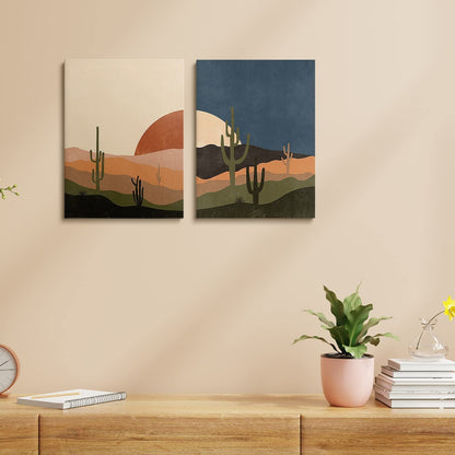 Mid Century Desert Prints Boho Cactus Canvas Prints Sun and Moon Day and Night Canvas Wall Art Modern Abstract Landscape Art for Living Room Decor Bedroom Dining Room Set of 2, 12x16 inch Framed