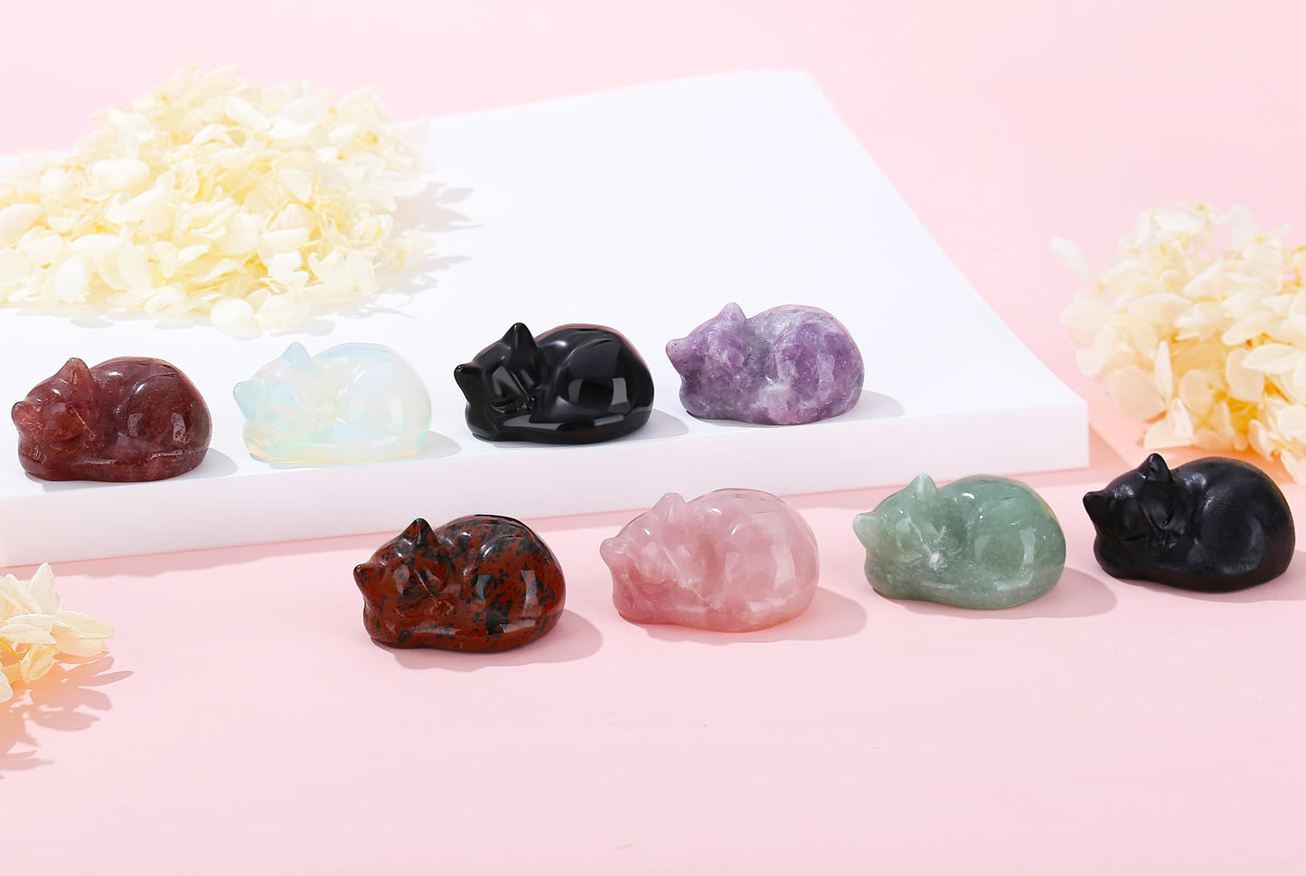 YATOJUZI 2" Cat Decors Statue Strawberry Quartz Crystals Sleeping Cats Gemstone Hand-Carved Cute Animal Statues Figurine Stone Home Office Desk Decor Lucky Reiki Kitten Ornaments Gifts for Women Men