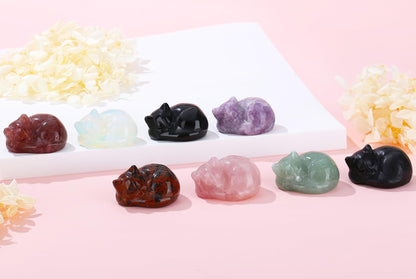YATOJUZI 2" Cat Decors Statue Black Obsidian Crystals Sleeping Cats Matte Gemstone Hand-Carved Cute Animal Statues Figurine Room Home Office Desk Decor Lucky Reiki Kitten Ornaments Gifts for Women Men
