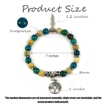 PZTIIY Handmade Tree of Life and Wings of Liberty Turquoise Jasper & Tibetan Agate Gemstone Chakra Beaded Bracelet | Boho Style Charm Bracelet Set (ZLY-Turopise)