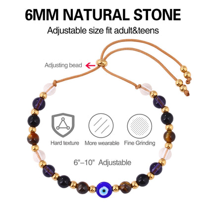 Cute Evil Eye Bracelet Red Black - Natural Crystal Protection Adjustable Spiritual Guardian Jewelry- 5 Healing Stones Clear Quartz Amethyst Black Tourmaline Tiger Eye Bracelet Adjustable (Blue Eye-Brown Rope)