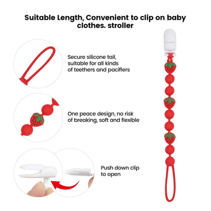 Cute Animal Baby Food Grade Silicone Teether Toy with One Piece Design Pacifier Clip Holder,Teething Pain Relief Toys Gift Set for 3 Months+ Boys and Girls,Freezer Safe,BPA Free (Strawberry)