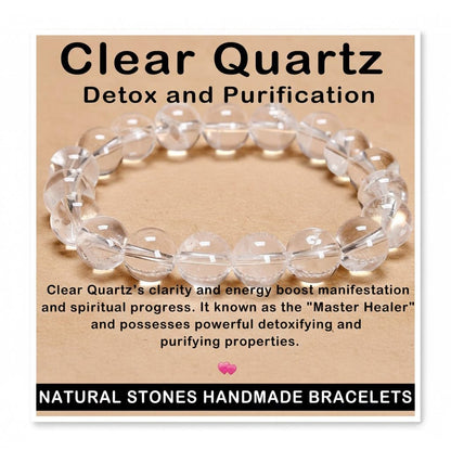 AD Beads Handmade Gemstone Stretch Elastic Bracelet Crystal Healing Reiki Nature's Beauty and Spiritual Essence Unisex (10mm, Clear Quartz (Detox and Purification))