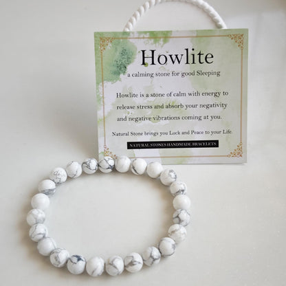 Handmade Natural Gemstone Elastic Bracelet - Healing Crystal Beads Jewelry, Unisex (Howlite, 8mm)