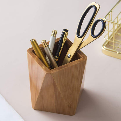 YOSCO Bamboo Wood Pen Holder Stand for Desk Geometric Pencil Cup Pot Cute Desktop Office Supplies, Makeup Brushes Organizer (Bamboo)