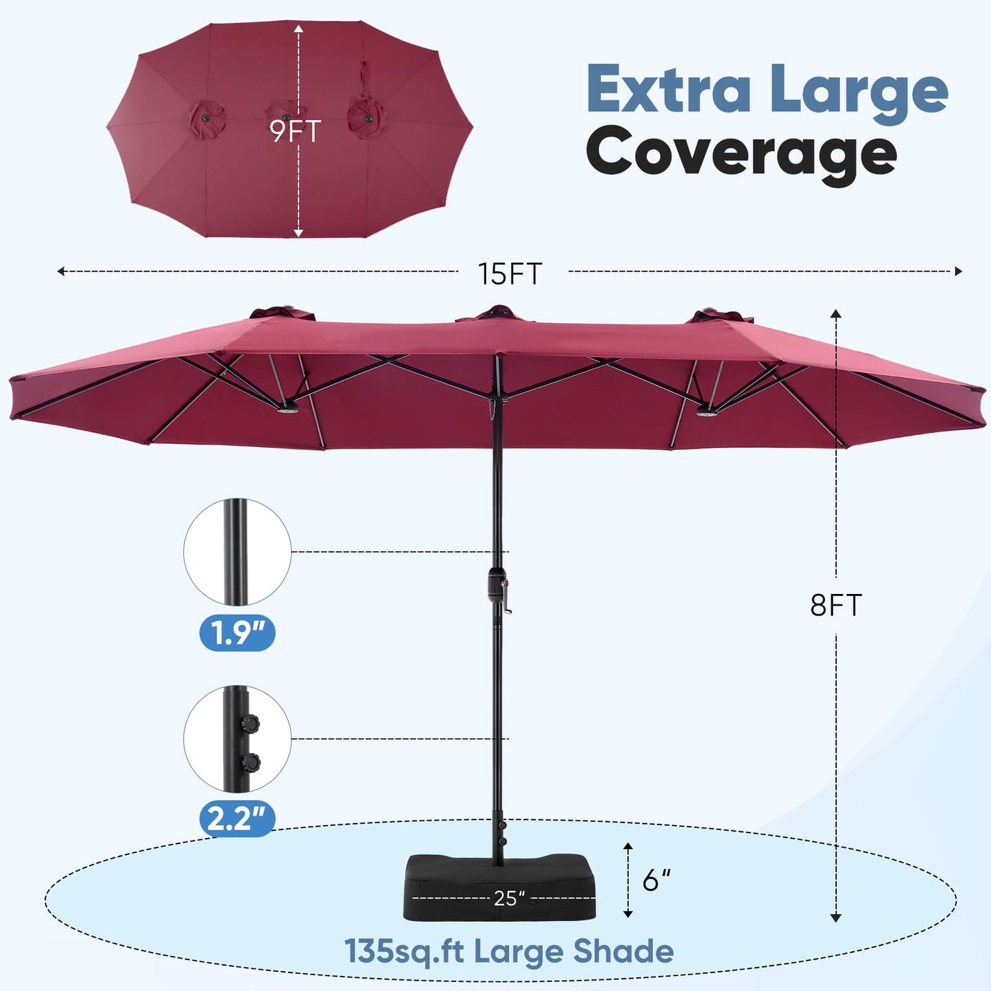 DUMOS 15FT Large Patio Umbrella with Base Included, Heavy Duty Extra Wide Outside Umbrella with 12 Ribbed Bars, Rectangle Outdoor Table Umbrella for Patio, Backyard, Pool, Deck & Garden, Red