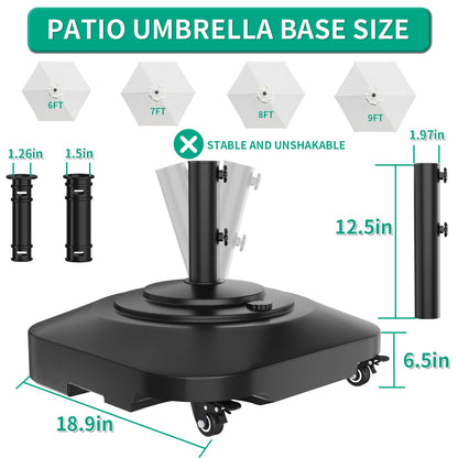 Umbrella Base with Wheels, Umbrella Stand Base Heavy Duty 100lb Windproof, Fillable Umbrella Base Mobile Square Umbrella Stand Outdoor Base for Patio, Deck, Poolside, Lawn, Fits Most Sized Umbrellas