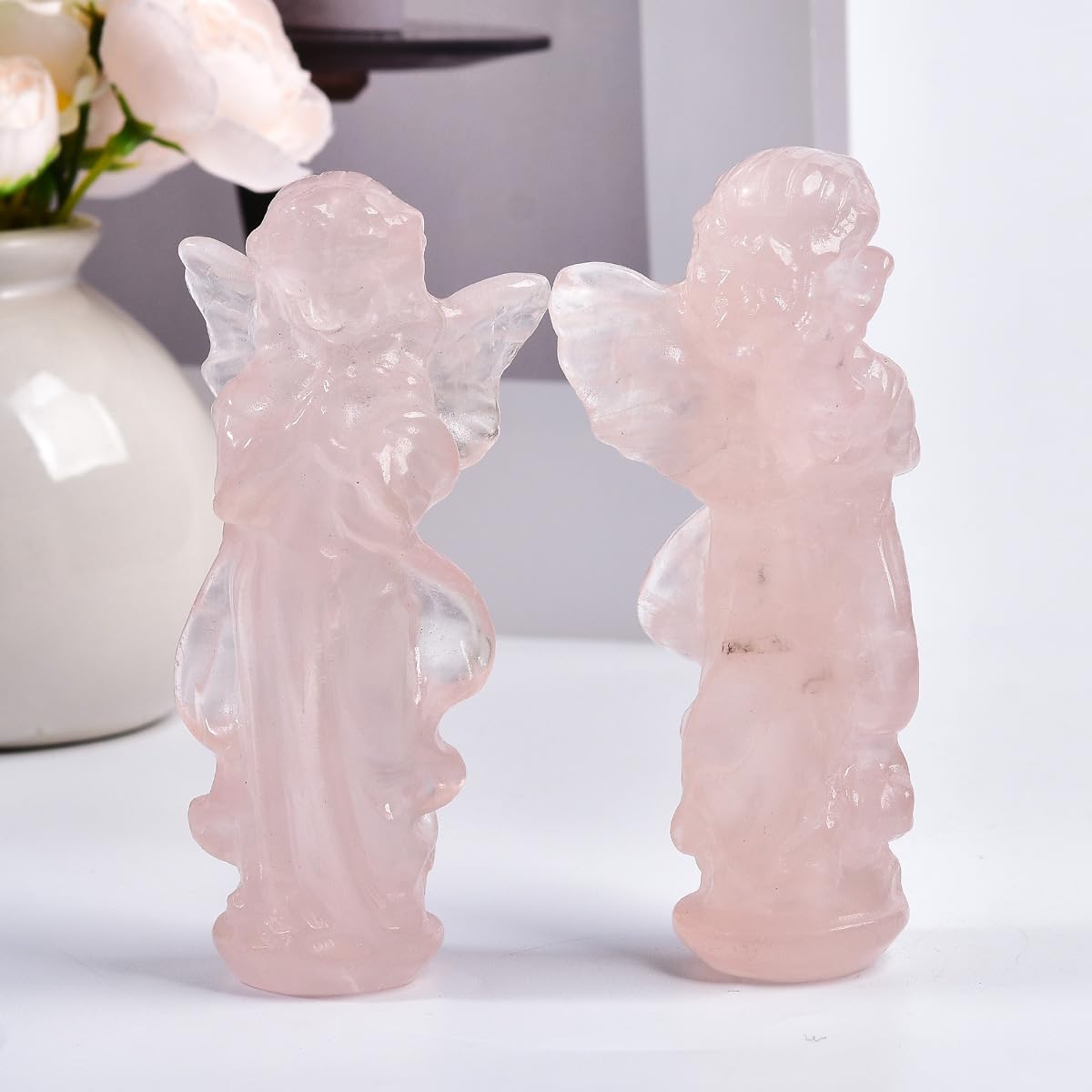 JIC Gem 3.9 Inch Rose Quartz Prayer Angel Healing Crystal Guardian Angel Figurine Pink Hand Carved Gemstone Statue 1pc