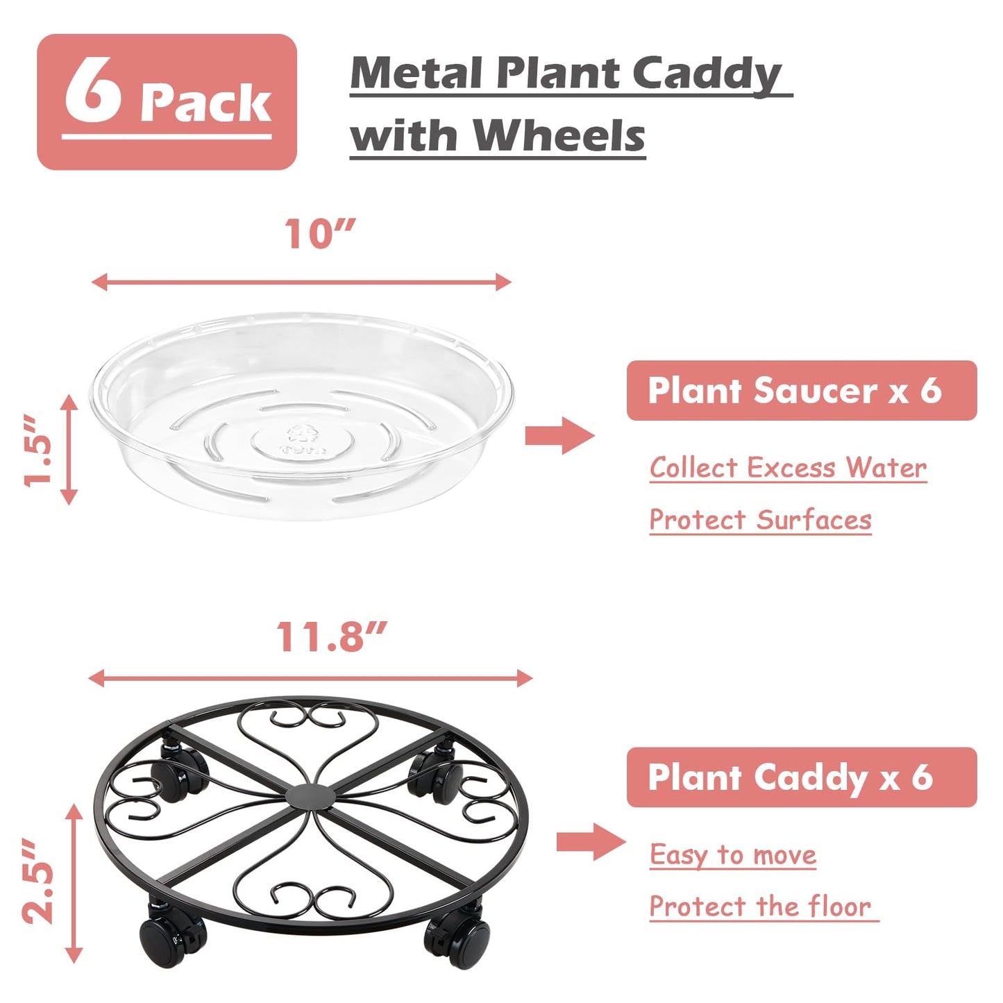 lucpur 6 Pack Metal Plant Caddy with Wheels, 12 Inch Plant Stand with Wheels Heavy Duty Wrought Iron Rolling Plant Caddy Plant Dolly Plant Rollers Plant Cart Large Plant Mover