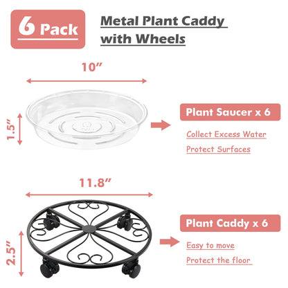 lucpur 6 Pack Metal Plant Caddy with Wheels, 12 Inch Plant Stand with Wheels Heavy Duty Wrought Iron Rolling Plant Caddy Plant Dolly Plant Rollers Plant Cart Large Plant Mover