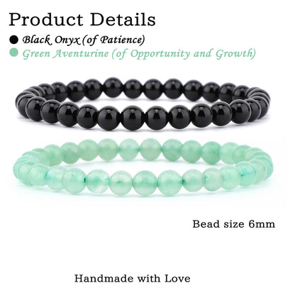 NCB 2-Piece 6mm Natural Crystal Gemstone Stretch Bracelets – ﻿Black Onyx, Green Aventurine Handmade Reiki Energy Healing Jewelry for Meditation,Yoga, Unisex