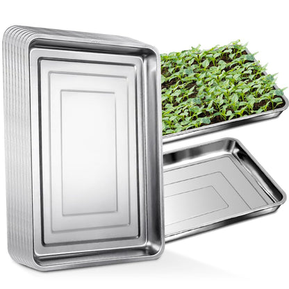 RooTrimmer 10 Pack Large Stainless Steel Seedling Trays, Heavy Duty Metal Water Catch Trays for Nursery Pots Transplant, Seed Germination & Propagation Flats (17.5 inch×13.56 inch, 1.18" Height)
