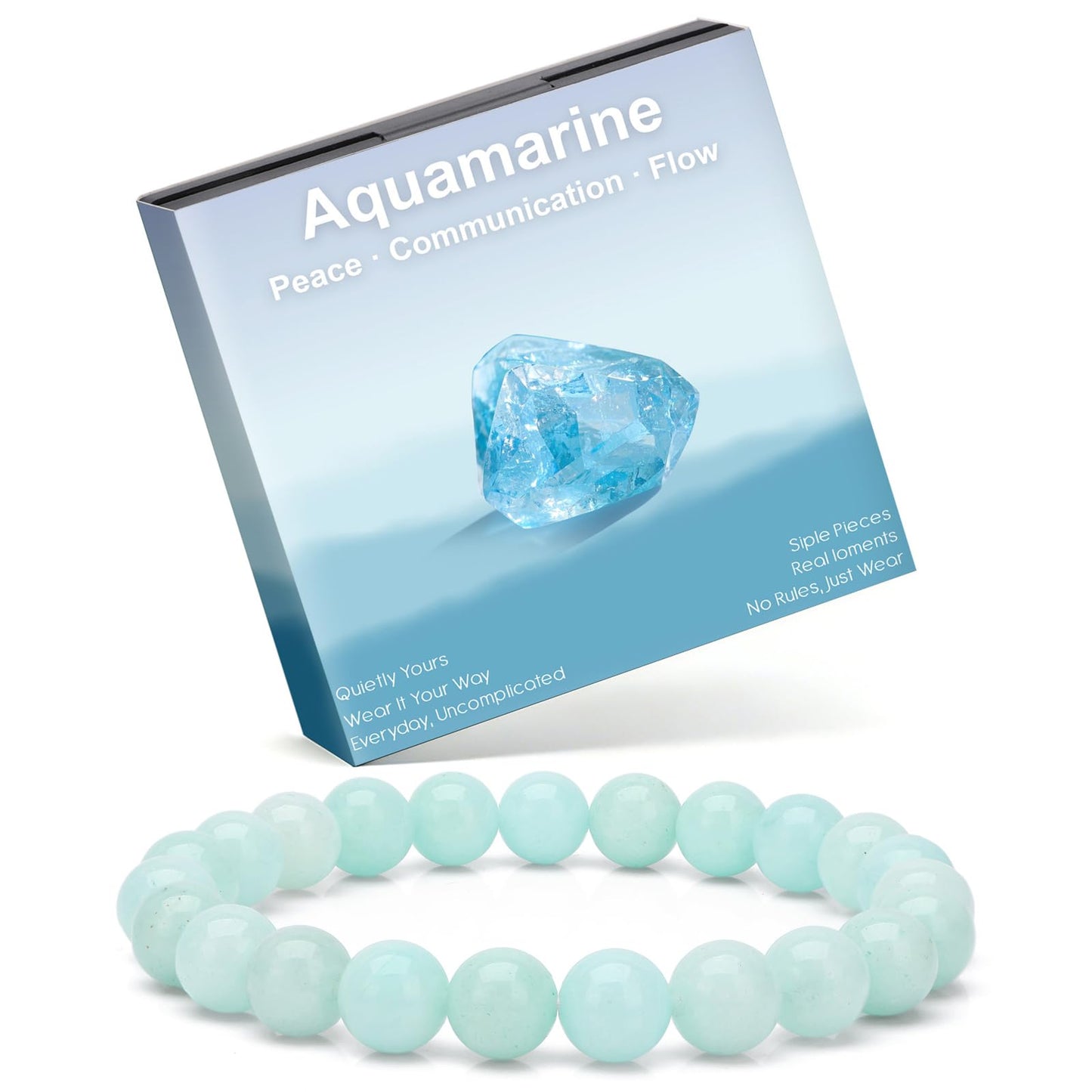 Risyfjew 8MM Handmade Aquamarine Natural Gemstone Stretch Elastic Bracelet,PE Film Anti-oxidation Packaging Natural Stone Crystal Healing Power Energy Gifts for Adult