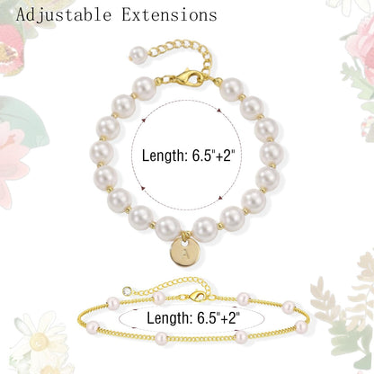 Fizzlup 2Pcs Pearl And Gold Initial Bracelet Set，Dainty Pearls Bracelets Jewelry for Women Wedding Prom Trendy Crystal Charm Cuff Stack Bead Linkbracelet Personalized Gift Stuff Letter W