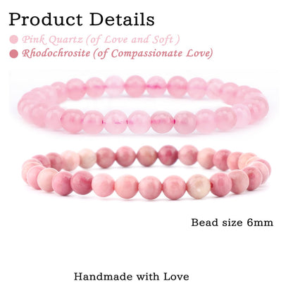 NCB 2-Piece 6mm Natural Crystal Gemstone Stretch Bracelets – ﻿Pink Quartz, Rhodochrosite Handmade Reiki Energy Healing Jewelry for Meditation,Yoga, Unisex