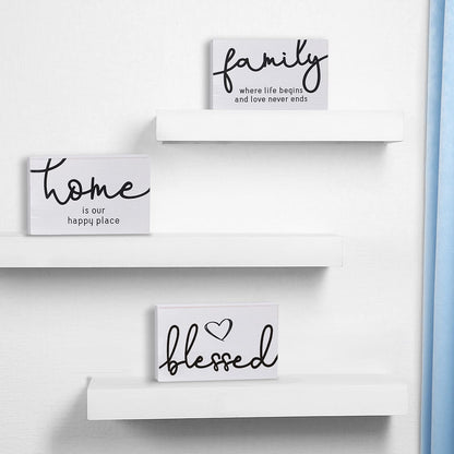 Jetec 3 Pcs Family Home Blessed Rustic Wood Sign Mini Wood Decorative Farmhouse Woodworks Table Shelves Decorations Sign for Bedroom Kitchen Living Room Table Decor(White,4.25 x 2.76 x 0.59 in)