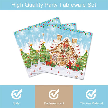 Fitumiw 96Pcs Gingerbread House Party Tableware Supplies Merry Christmas Cartoon Candy House Snowman Plates and Napkins Christmas Trees Winter Wonderland Party Set Decorations Serve 24 Guests