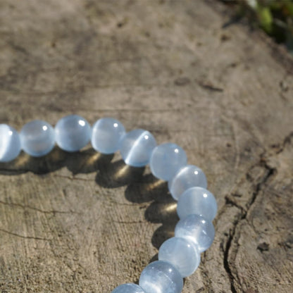 Natural Selenite Bracelet 8mm | Aqua Blue | Crown Chakra Crystal with Cat-eye Effect | Handmade Meditation Healing Bracelet for Women Men | Beading Tool Kit - Fits for 6.5-7.5 inch Wrist Size