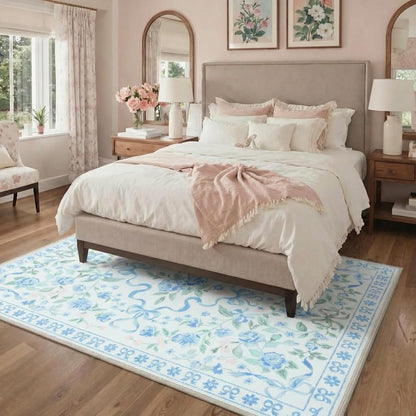 Bavni Area Rugs 5X7 for Living Room，Machine Washable Non Slip Low Pile Soft Rug，Cute Floral Carpet for Bedroom Dining Room Girls Room Nursery Room and Kids Room or Playroom, Pastel Blue