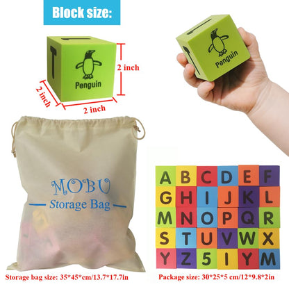MOBU Foam Building Blocks for Toddlers,30 pcs 2-inch Alphabet Letters Number Blocks with Storage Bag, Learning ABC, 123 Stacking Blocks for Kids