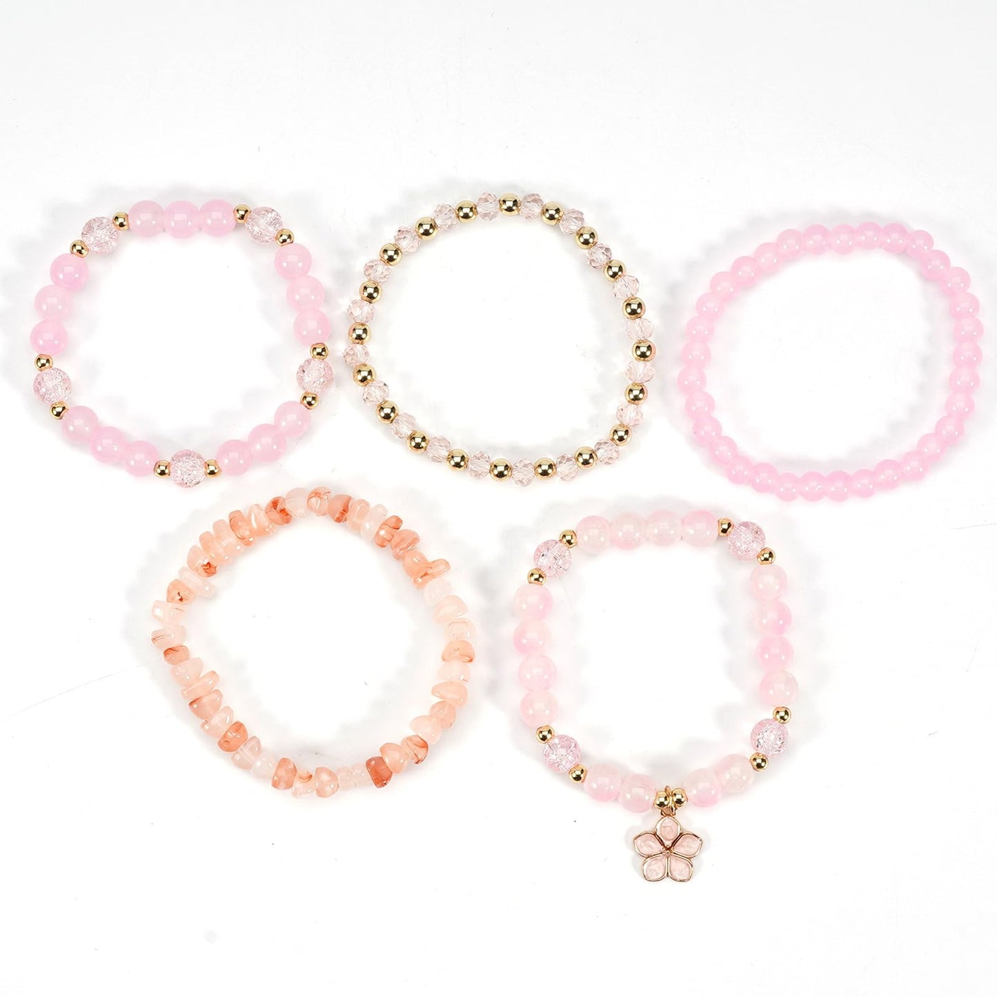 Caiyao 5Pcs Bohemia Multilayer Floewr Crystal Glass Beaded Bracelet Set Colorful Stackable Flower Beaded Friendship Stretch Bracelets for Women Men Summer Beach Boho Hawaii Holiday Jewelry Gifts-Pink