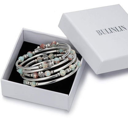 BULINLIN Wrap Bangle Rose Bead Bracelet - Beaded Bracelet with Natural Agate Stone Gifts For Women(01-Green)