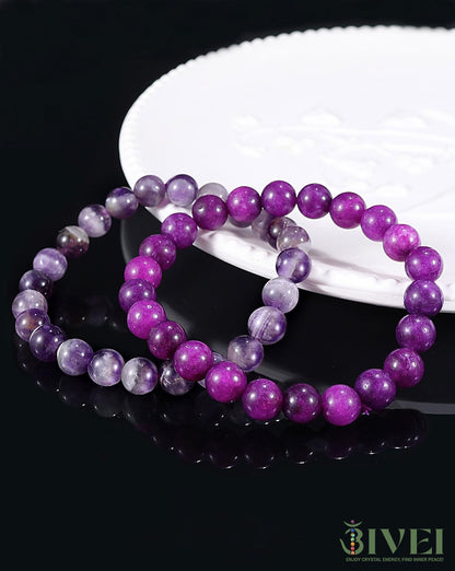 Bivei Natural Gemstone Semi Precious Crystals Handmade Stretchy Round Beads Bracelet, Enhance Positive Energy,Stocking Stuffers for Women(Dog-Tooth Amethyst & Sugilite (Love & Happiness) Large)