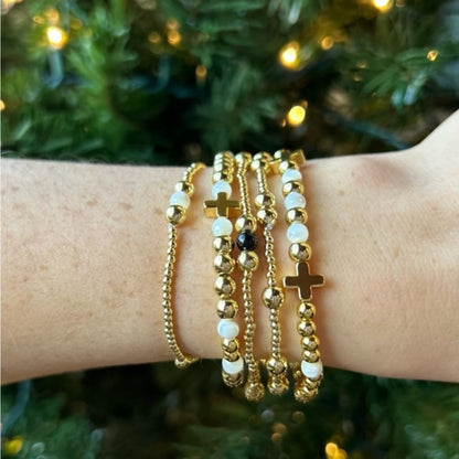 Bohxantium Gold Cross Beaded Bracelets for Women Handmade Boho Stretch Stackable 14K Gold Plated Glass Round Beads Ball Bracelet Stack Non Tarnish Trendy Jewelry Set Accessories Christian Gift