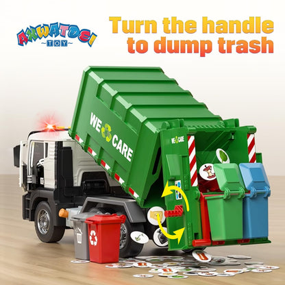 Garbage Truck Toy, Large Friction Powered Trash Truck Toy with Light and Sounds, 4 Trash Bins and Learning Cards for Kids