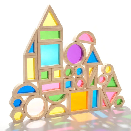 WOODENFUN Wood Building Blocks Set for Kids, 32 Pcs Rainbow Stacker Stacking Game Construction Toys Set Preschool Colorful Learning Educational Toys, Geometry Wooden Blocks for Boys Girls