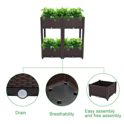 Planter Raised Beds Kits Set of 4, Plastic Elevated Garden beds with Brackets for Flowers Vegetables, Outdoor Indoor Planting Box Container for Garden Patio Balcony Restaurant, Easy Assembly (Brown)