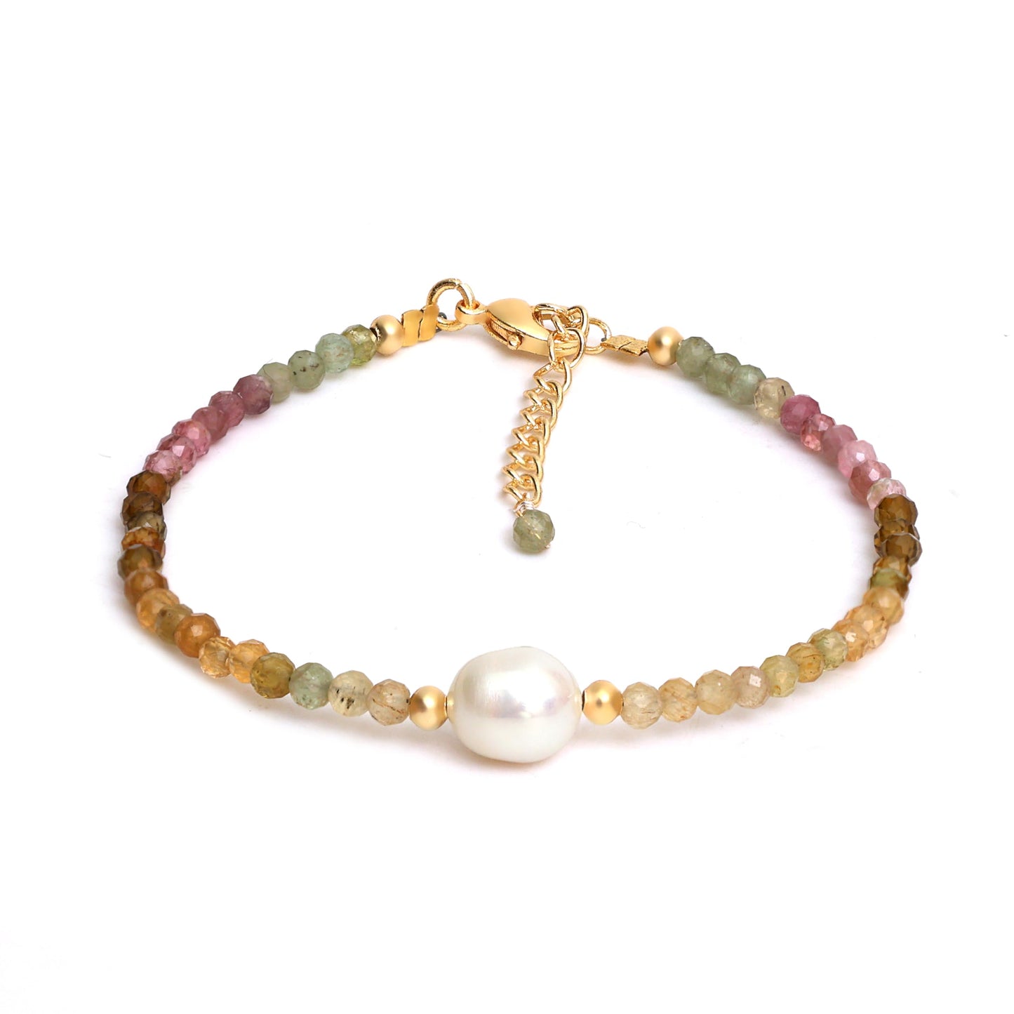 Gempires Watermelon Tourmaline Beaded Bracelet with Pearl Choker Crystal Jewelry Lightweight Colorful Gemstone Bracelets For Women Hypoallergenic 7.5 Inch Gold Plated Adjustable Chain