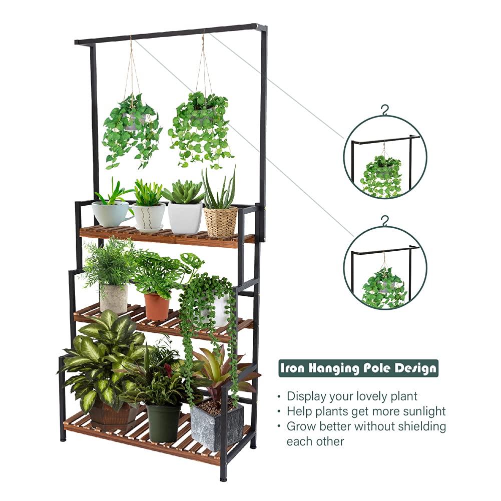 ULIKE Plant Stand Outdoor Indoor Hanging Plant Shelf for Multiple Plants 3 Tier Tall Plant Stand Wood Rack with Metal Frame for Patio Garden Balcony