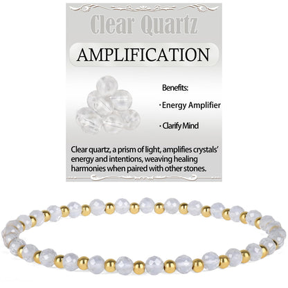 QOGIR Clear Quartz - Amplification - 14K Gold Plated Beads Natural Gemstone Stretch Elastic Dainty Healing Beaded Bracelets Gifts 4mm