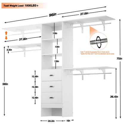 iSunirm 8FT Closet System, 96'' Closet Organizer System with 3 Hanging Rods, Wall Mount Bedroom Wardrobe with 3 Drawers Walk-in Closet, Adjustable Cloth Garment Rack from 5 to 8FT (Cut to Fit), White