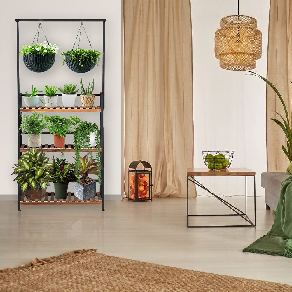 ULIKE Plant Stand Outdoor Indoor Hanging Plant Shelf for Multiple Plants 3 Tier Tall Plant Stand Wood Rack with Metal Frame for Patio Garden Balcony
