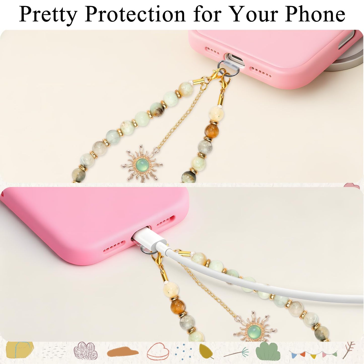 LuneClat Natural Stone Phone Wrist Strap for Women - Golden Sun Beaded Healing Phones Charm for Camera Keychain Decor, Handmade Cellphone Chain Lanyard with Tether Tab