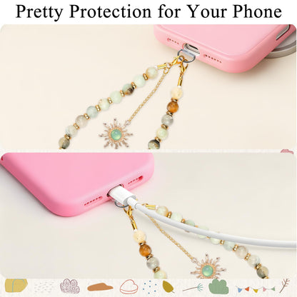 LuneClat Natural Stone Phone Wrist Strap for Women - Golden Sun Beaded Healing Phones Charm for Camera Keychain Decor, Handmade Cellphone Chain Lanyard with Tether Tab